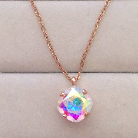 Aurora Borealis + Rose Gold Cushion Cut Crystal Drop Pendant Necklace - Picture 10 of 10